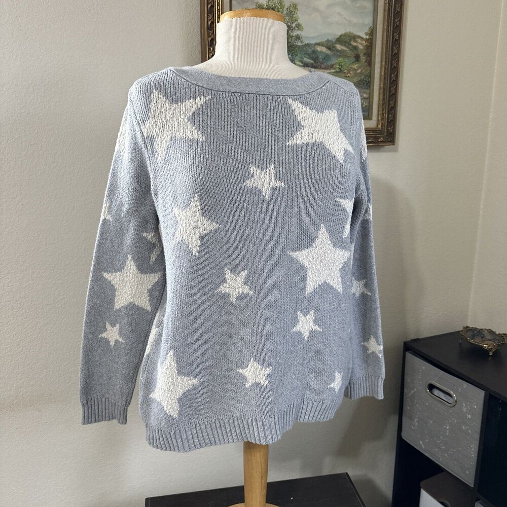 Marled Womens Lg Sweater Grey White Stars Knit Casual Y2K Crochet Cottage Core
